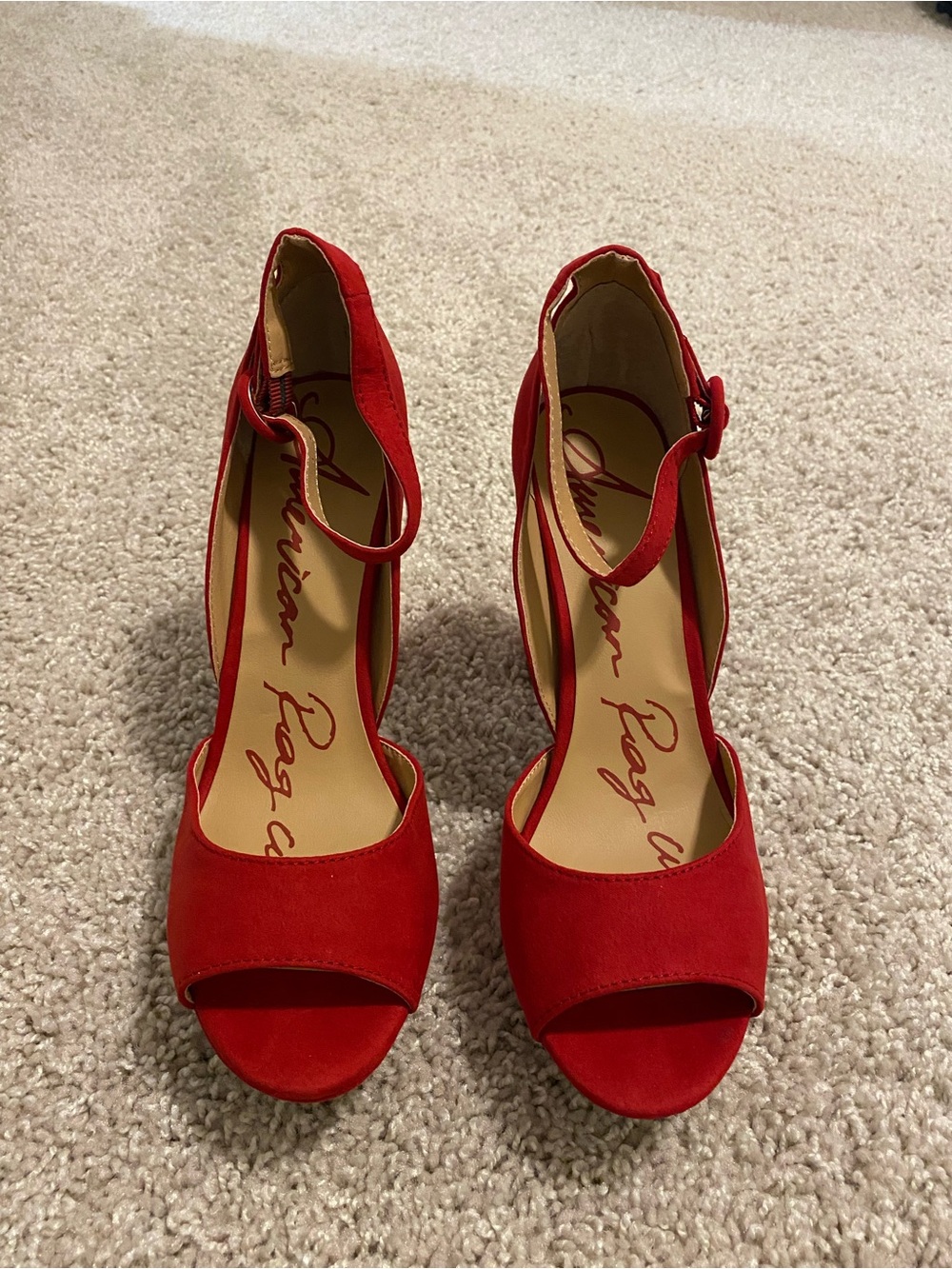 American Rag Red Suede Peep-Toe Ankle-Strap Heels